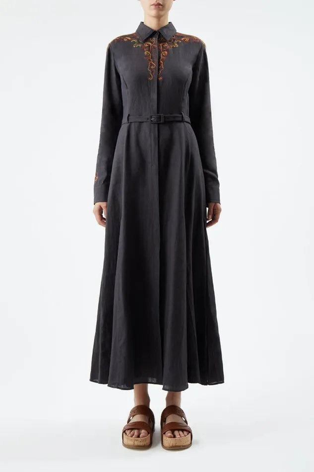 Gabriela Hearst Dresses Women Mcgraw Embroidered Shirtdress In Charcoal Aloe Linen