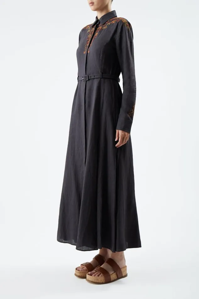 Gabriela Hearst Dresses Women Mcgraw Embroidered Shirtdress In Charcoal Aloe Linen