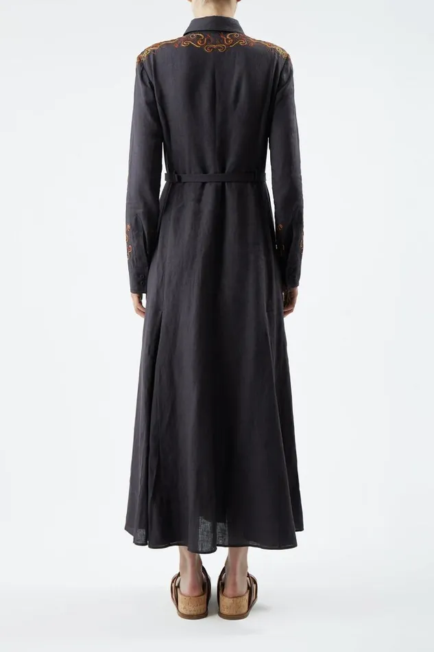 Gabriela Hearst Dresses Women Mcgraw Embroidered Shirtdress In Charcoal Aloe Linen