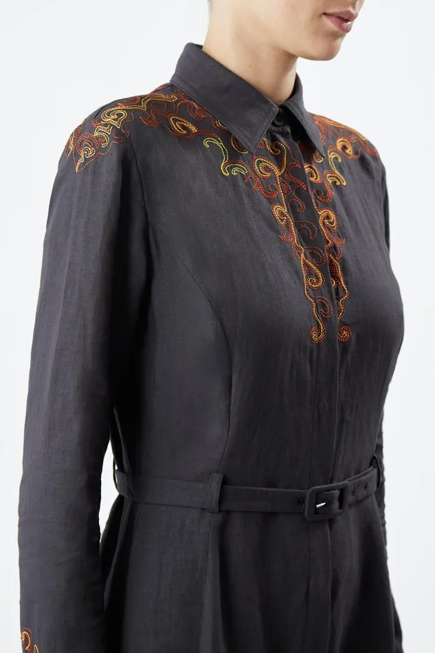 Gabriela Hearst Dresses Women Mcgraw Embroidered Shirtdress In Charcoal Aloe Linen
