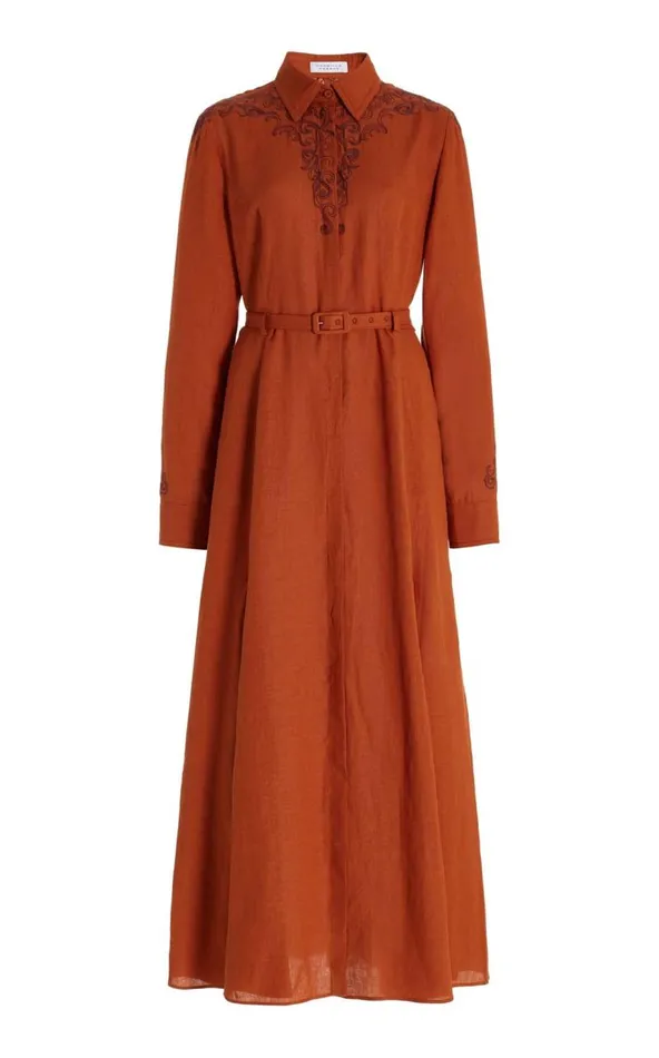 Gabriela Hearst Dresses Women Mcgraw Embroidered Shirtdress In Red Clay Aloe Linen Gabriela Hearst Dresses Women Mcgraw Embroidered Shirtdress In Red Clay Aloe Linen