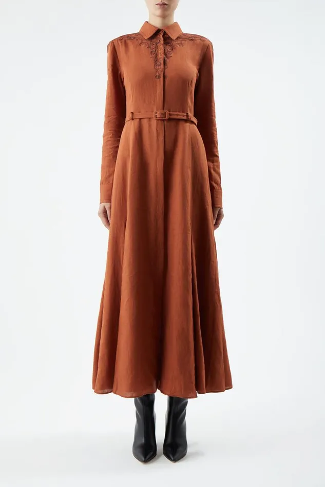 Gabriela Hearst Dresses Women Mcgraw Embroidered Shirtdress In Red Clay Aloe Linen
