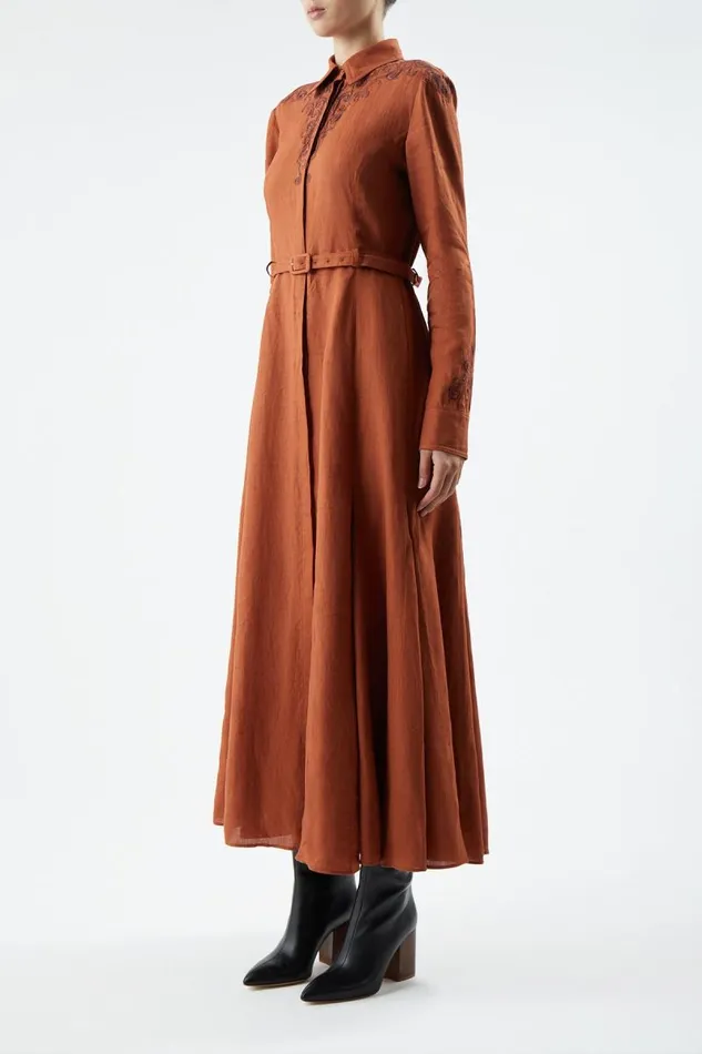 Gabriela Hearst Dresses Women Mcgraw Embroidered Shirtdress In Red Clay Aloe Linen