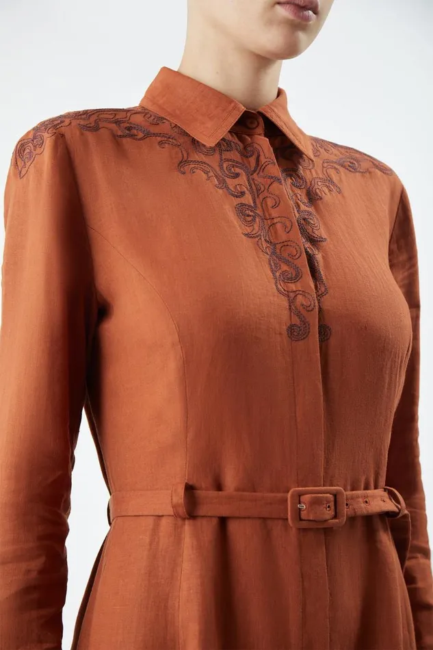 Gabriela Hearst Dresses Women Mcgraw Embroidered Shirtdress In Red Clay Aloe Linen