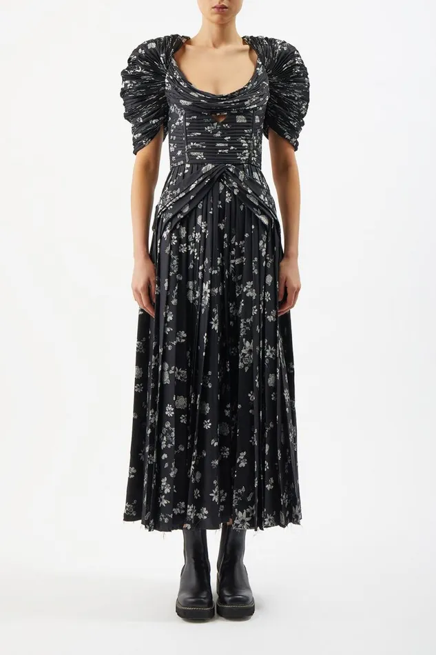 Gabriela Hearst Dresses Women Peggy Corrugated Dress In Black and White Printed Silk Twill