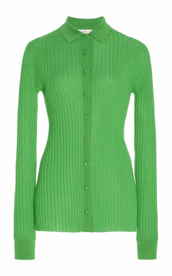 Gabriela Hearst Knitwear Women Cavalieri Knit Shirt In Fluorescent Green Cashmere Silk Gabriela Hearst Knitwear Women Cavalieri Knit Shirt In Fluorescent Green Cashmere Silk