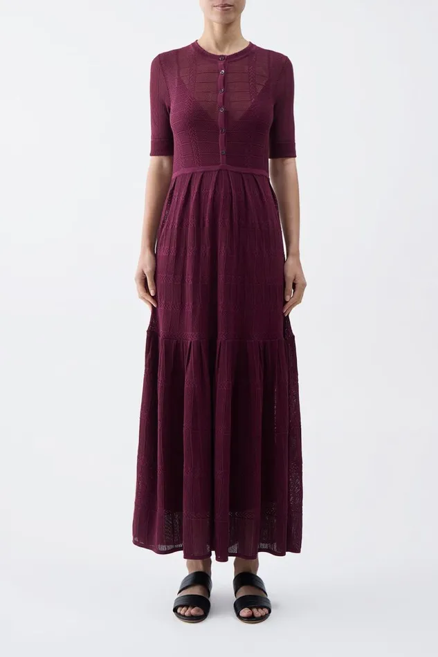 Gabriela Hearst Knitwear Women Iris Pointelle Knit Pleated Dress With Slip In Bordeaux Cotton Silk