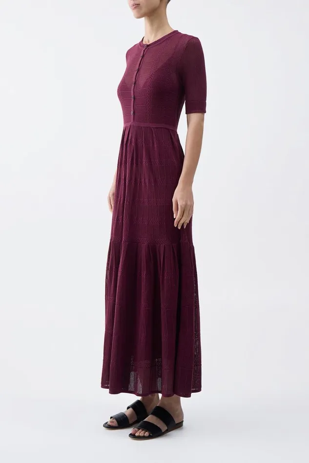 Gabriela Hearst Knitwear Women Iris Pointelle Knit Pleated Dress With Slip In Bordeaux Cotton Silk