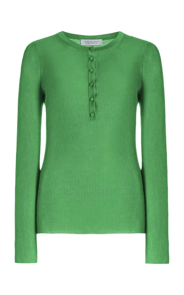 Gabriela Hearst Knitwear Women Julian Knit Henley In Peridot Green Cashmere Silk Gabriela Hearst Knitwear Women Julian Knit Henley In Peridot Green Cashmere Silk