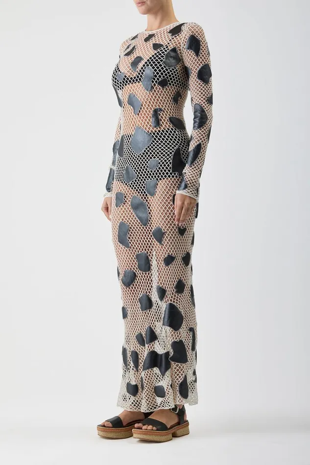 Gabriela Hearst Leathers Women Romeo Knit Dress In White Merino Wool With Metallic Nappa Leather Patches