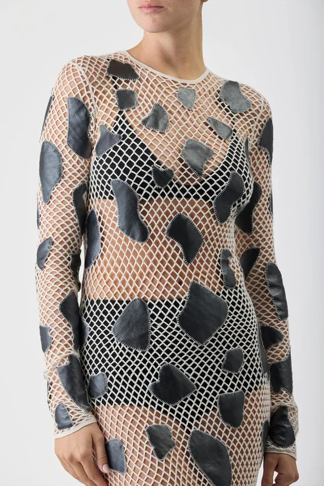 Gabriela Hearst Leathers Women Romeo Knit Dress In White Merino Wool With Metallic Nappa Leather Patches