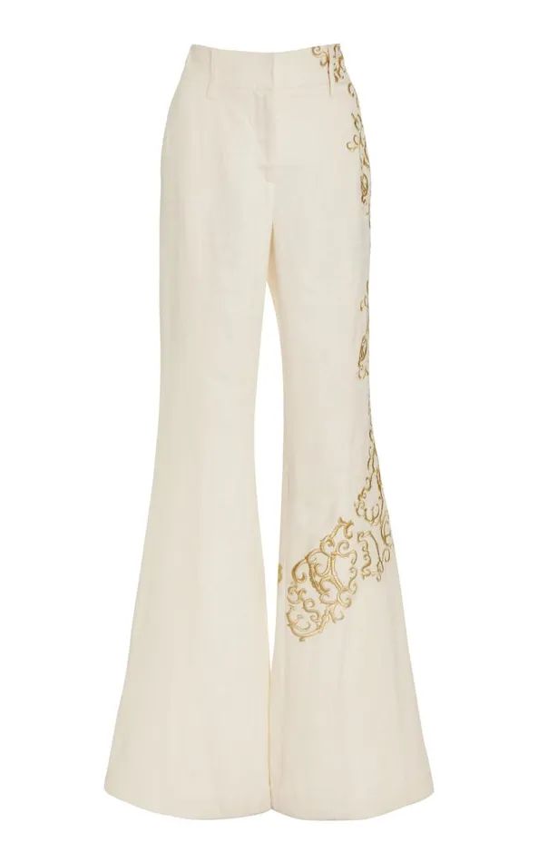 Gabriela Hearst Pants Women Rhein Embroidered Pant In Ivory Textured Linen