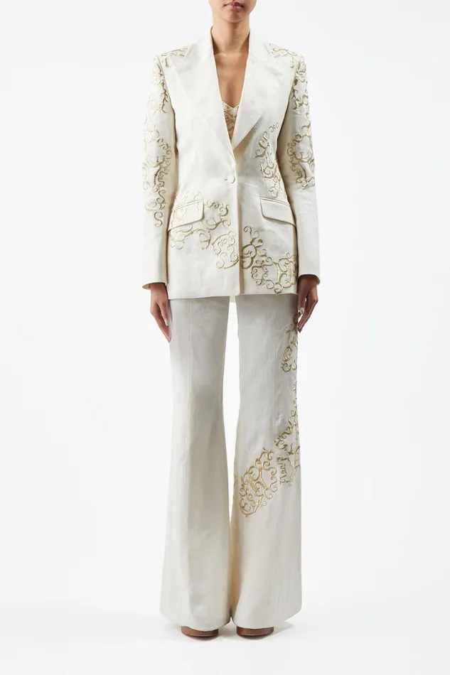 Gabriela Hearst Pants Women Rhein Embroidered Pant In Ivory Textured Linen
