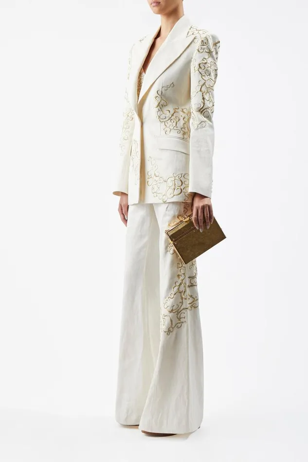 Gabriela Hearst Pants Women Rhein Embroidered Pant In Ivory Textured Linen