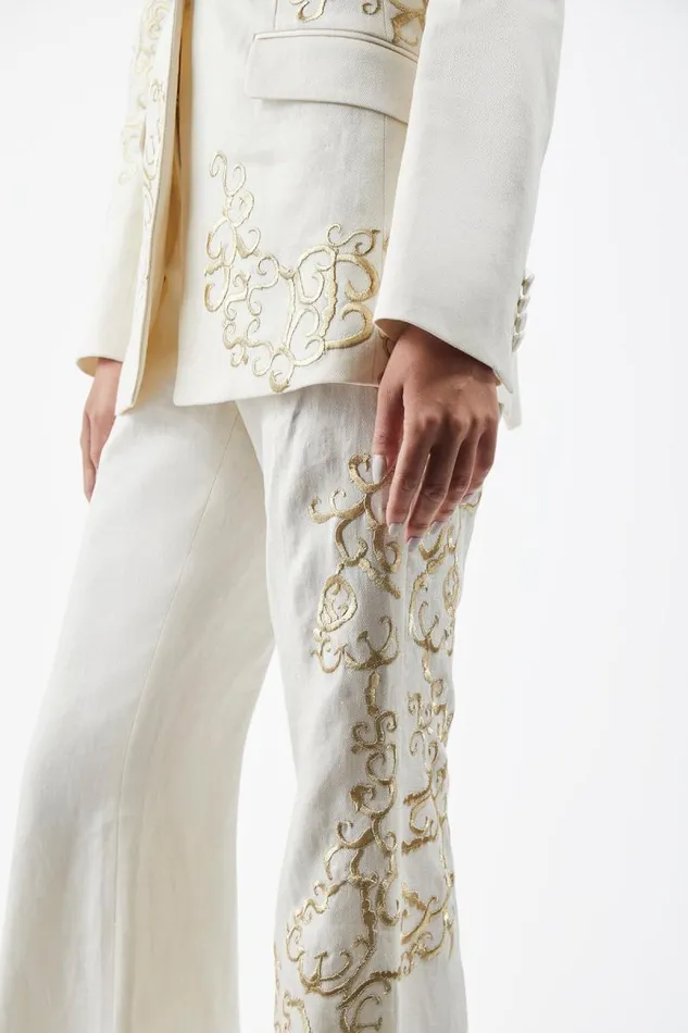 Gabriela Hearst Pants Women Rhein Embroidered Pant In Ivory Textured Linen