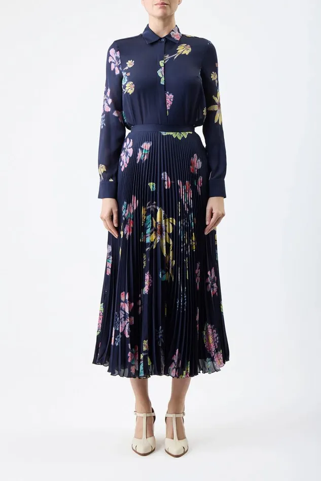 Gabriela Hearst Skirts Women Eames Corrugated Skirt In Dark Navy Multi Printed Silk Georgette