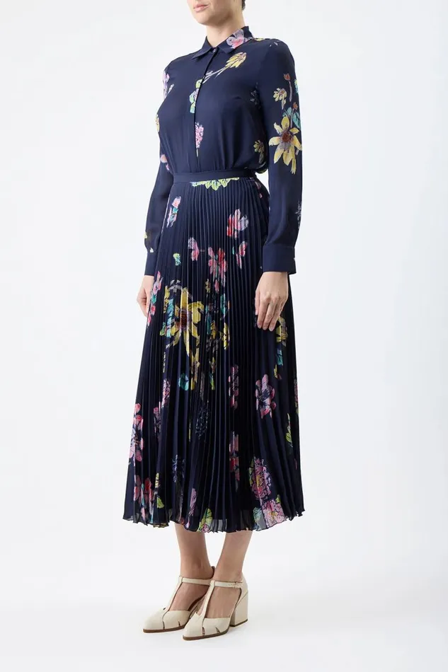 Gabriela Hearst Skirts Women Eames Corrugated Skirt In Dark Navy Multi Printed Silk Georgette