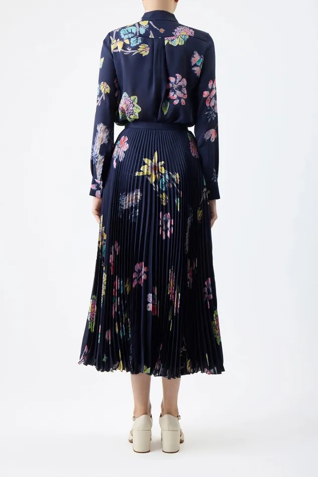 Gabriela Hearst Skirts Women Eames Corrugated Skirt In Dark Navy Multi Printed Silk Georgette