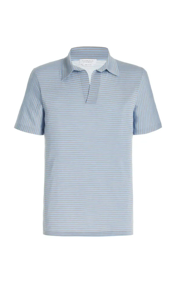 Gabriela Hearst Tops Men Stendhal Knit Short Sleeve Polo In Halogen Blue and Camel Cashmere Gabriela Hearst Tops Men Stendhal Knit Short Sleeve Polo In Halogen Blue and Camel Cashmere