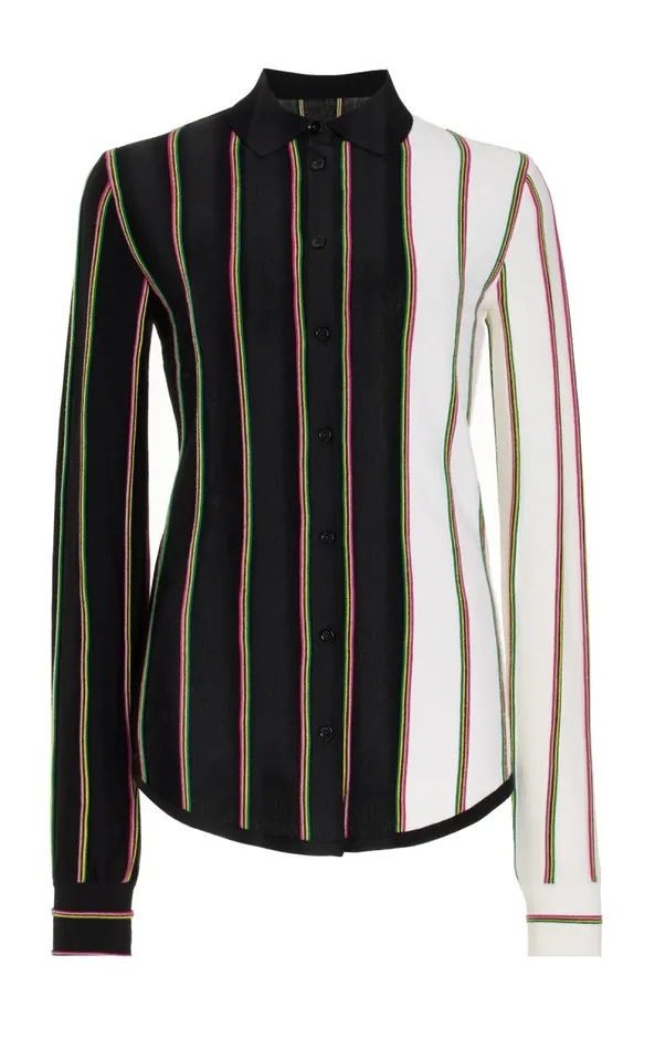 Gabriela Hearst Tops Women Tessa Knit Shirt In Navy Multi Striped Merino Wool Gabriela Hearst Tops Women Tessa Knit Shirt In Navy Multi Striped Merino Wool