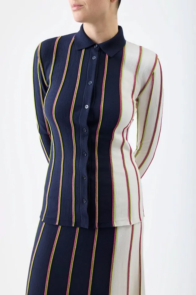 Gabriela Hearst Tops Women Tessa Knit Shirt In Navy Multi Striped Merino Wool
