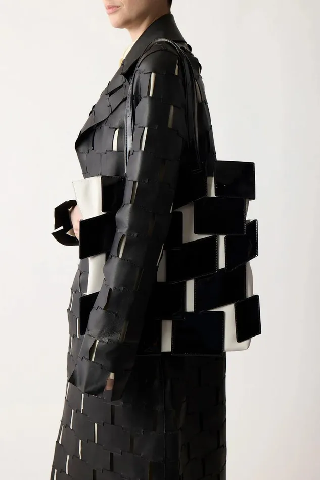 Gabriela Hearst Totes WomenMen Lacquered Tote Bag In Black and Ivory Patchwork Leather