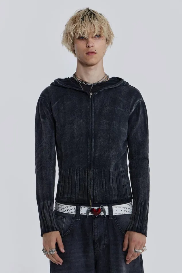 Jaded London Acid Wash Knit Zip Hoodie Men Hoodies and Sweatshirts