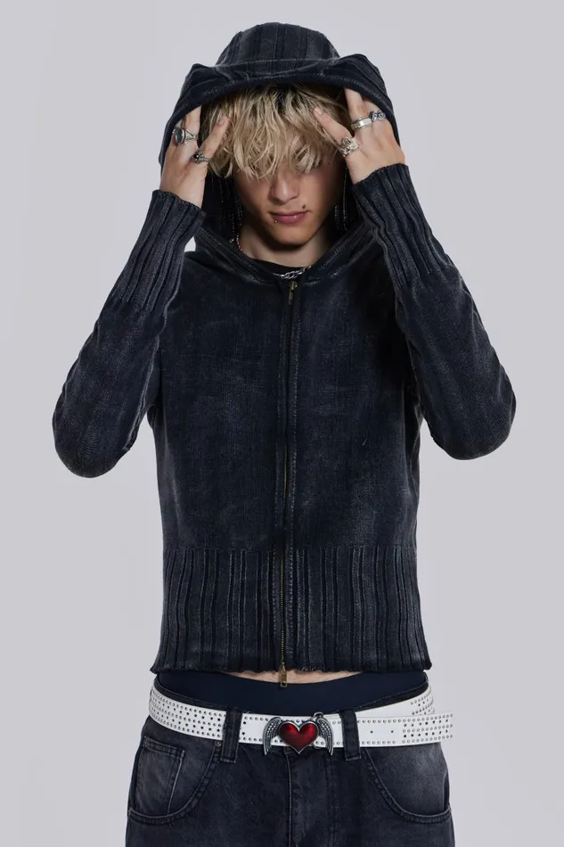 Jaded London Acid Wash Knit Zip Hoodie Men Hoodies and Sweatshirts