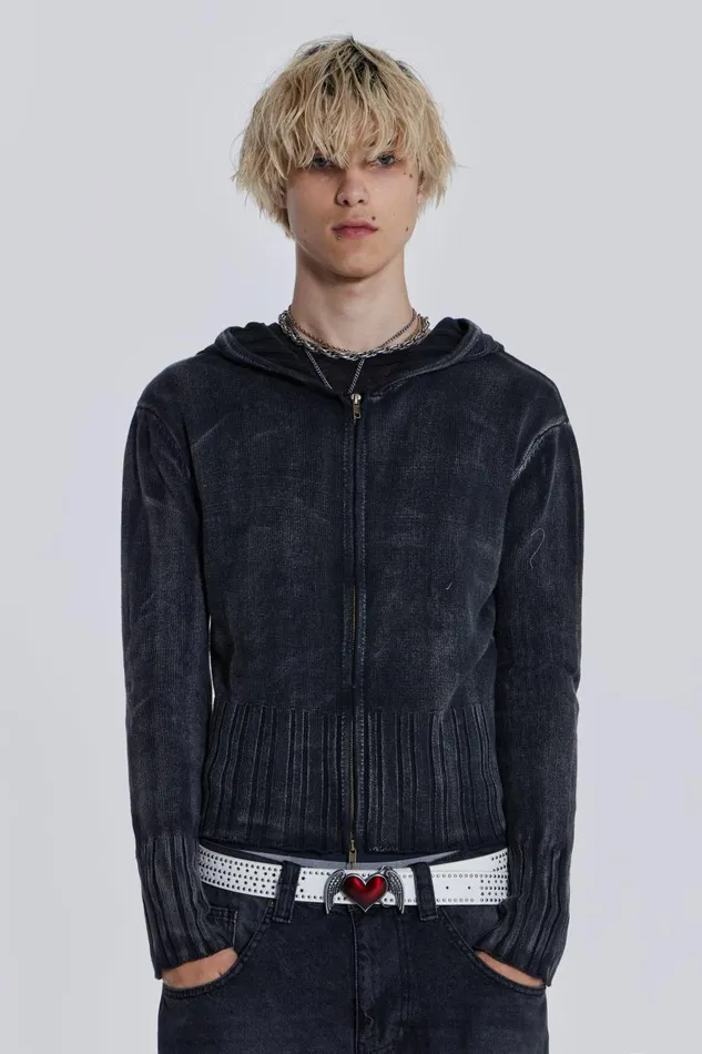 Jaded London Acid Wash Knit Zip Hoodie Men Hoodies and Sweatshirts