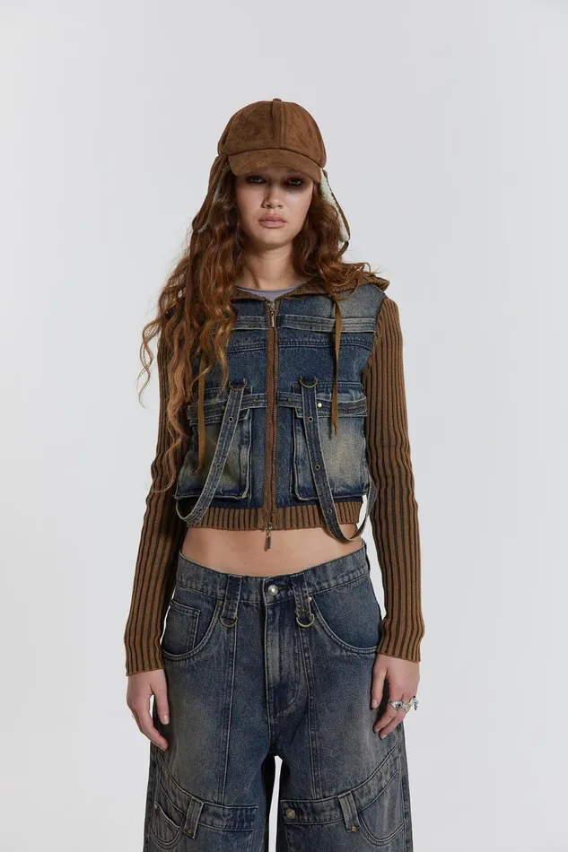 Jaded London Acid Wash Rib Knit Hooded Jacket With Denim Front and Hardware Detail Women Knitwear Jaded London Acid Wash Rib Knit Hooded Jacket With Denim Front and Hardware Detail Women Knitwear