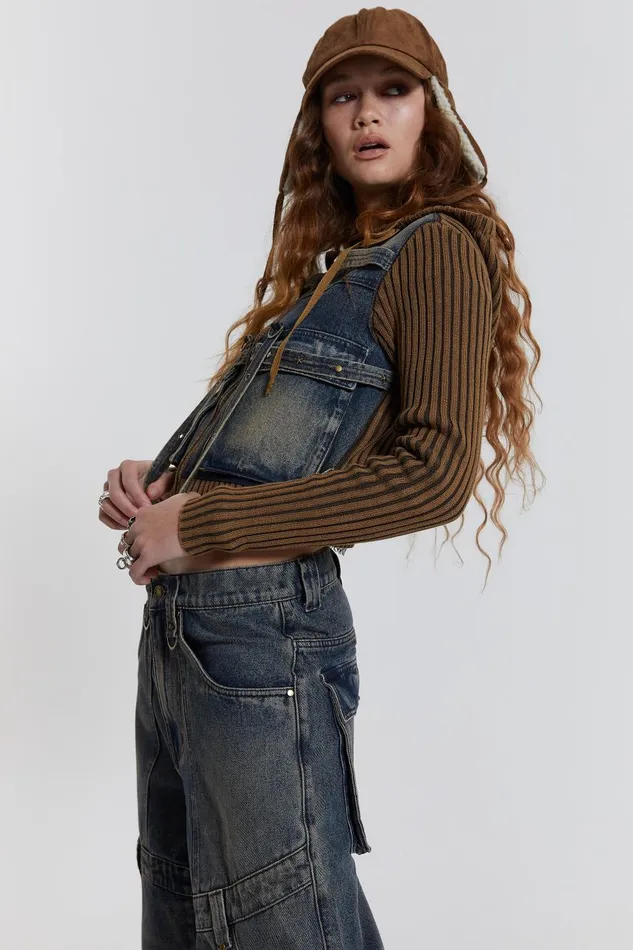 Jaded London Acid Wash Rib Knit Hooded Jacket With Denim Front and Hardware Detail Women Knitwear