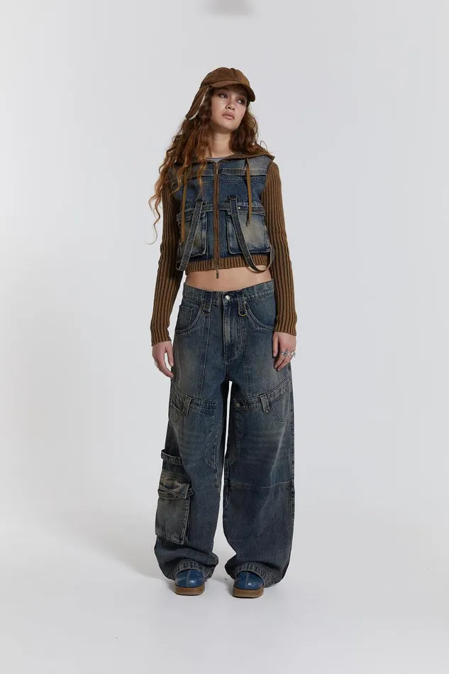 Jaded London Acid Wash Rib Knit Hooded Jacket With Denim Front and Hardware Detail Women Knitwear