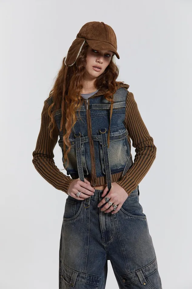 Jaded London Acid Wash Rib Knit Hooded Jacket With Denim Front and Hardware Detail Women Knitwear