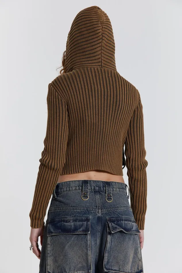 Jaded London Acid Wash Rib Knit Hooded Jacket With Denim Front and Hardware Detail Women Knitwear