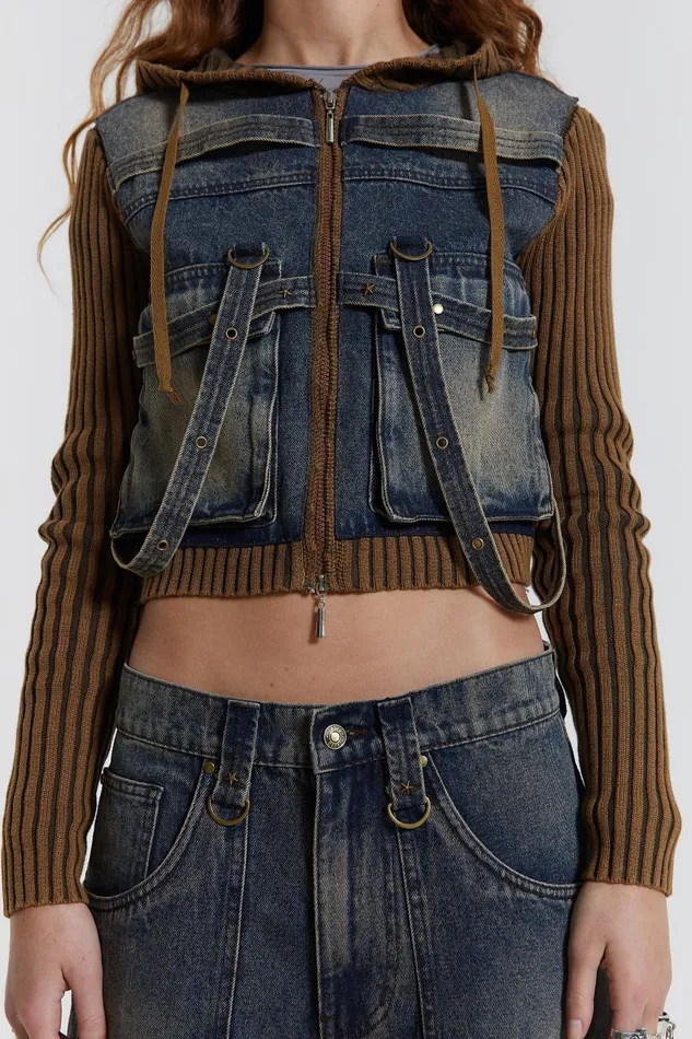 Jaded London Acid Wash Rib Knit Hooded Jacket With Denim Front and Hardware Detail Women Knitwear