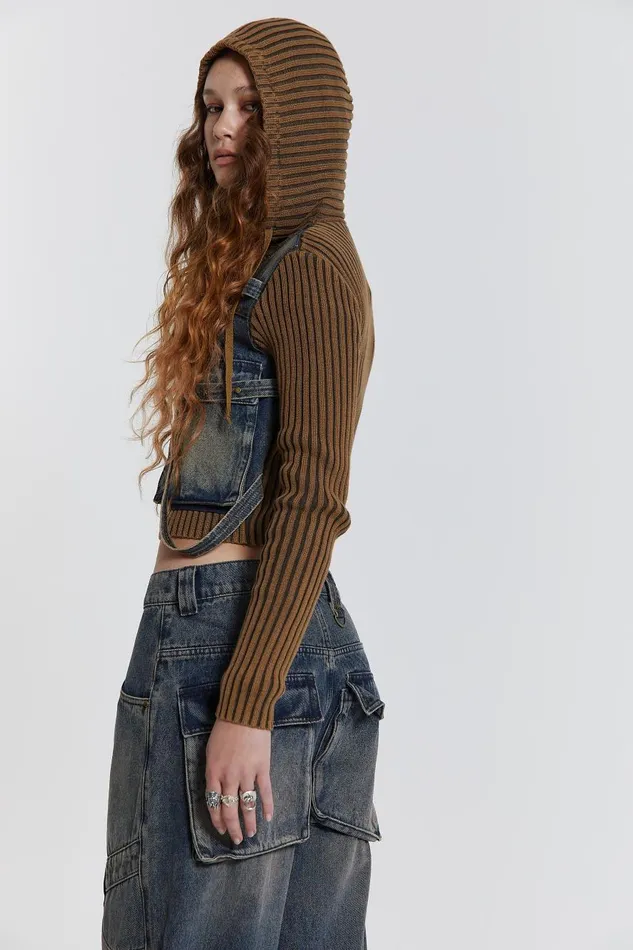 Jaded London Acid Wash Rib Knit Hooded Jacket With Denim Front and Hardware Detail Women Knitwear