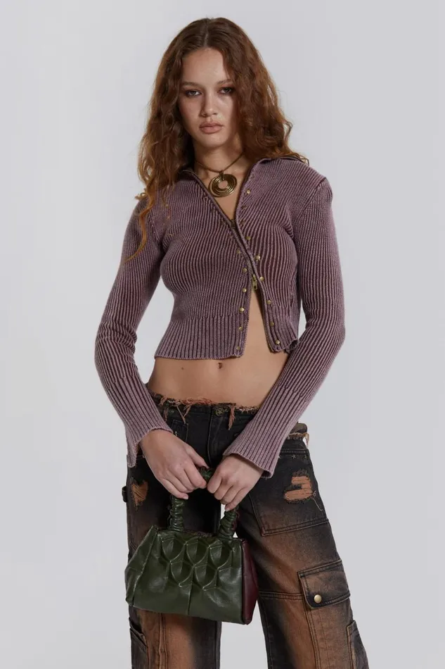 Jaded London Asymmetric Acid Wash Rib Knit Zip Through Women Knitwear