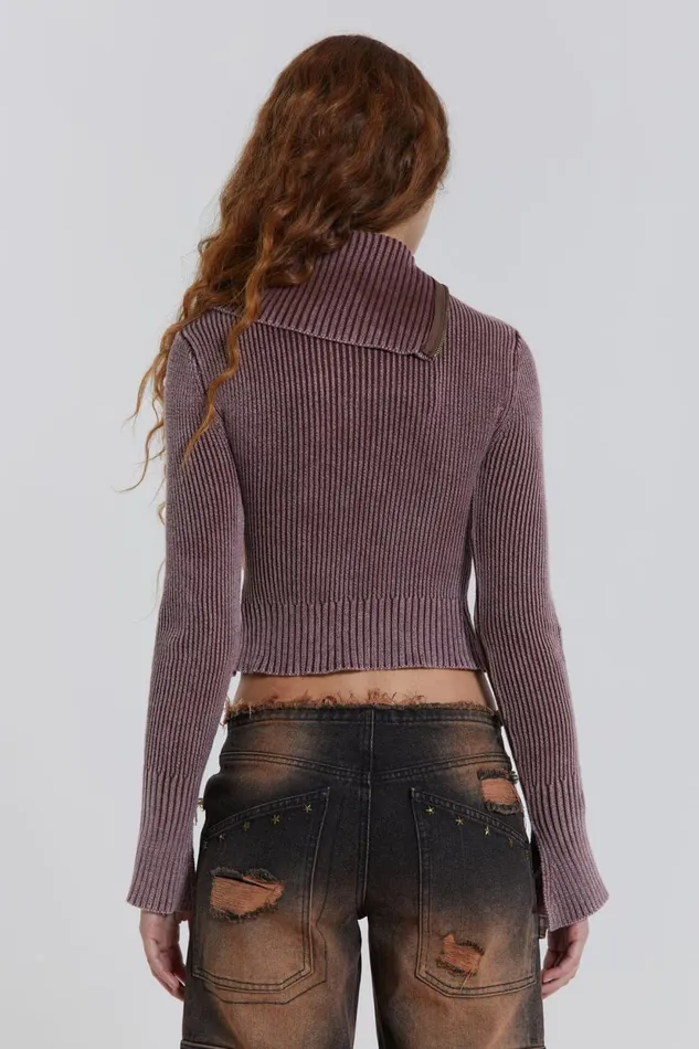 Jaded London Asymmetric Acid Wash Rib Knit Zip Through Women Knitwear