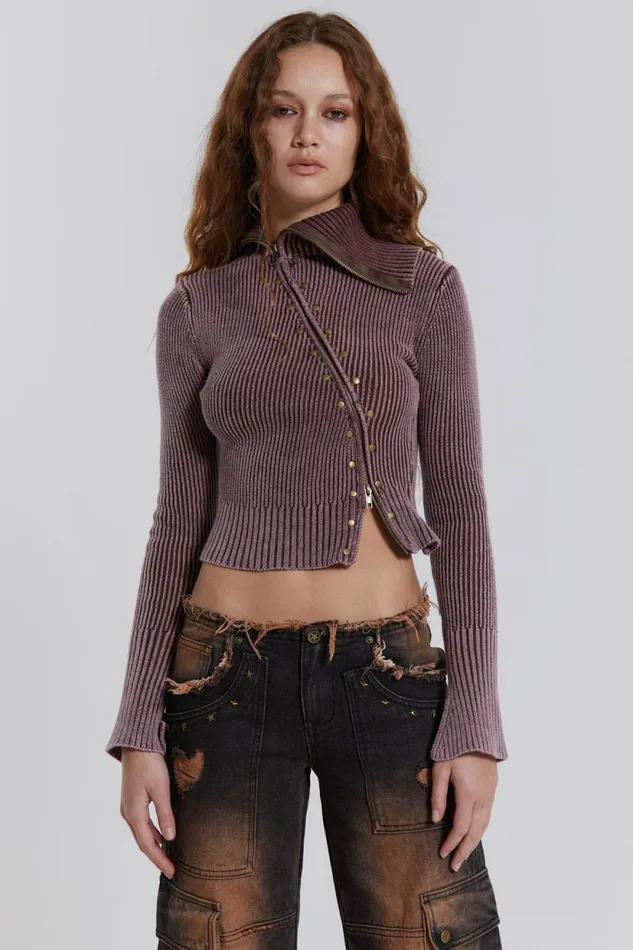 Jaded London Asymmetric Acid Wash Rib Knit Zip Through Women Knitwear