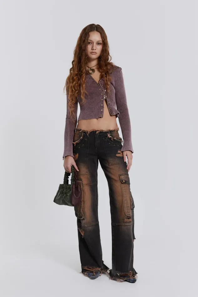 Jaded London Asymmetric Acid Wash Rib Knit Zip Through Women Knitwear