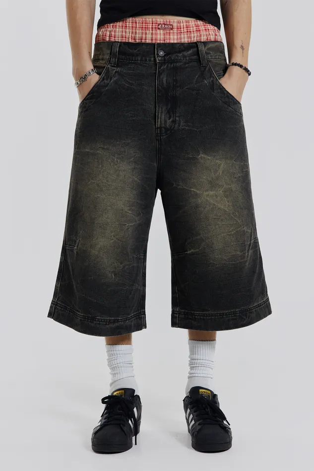 Jaded London Axle Black Crease Wash Denim Jorts Men Shorts and Jorts
