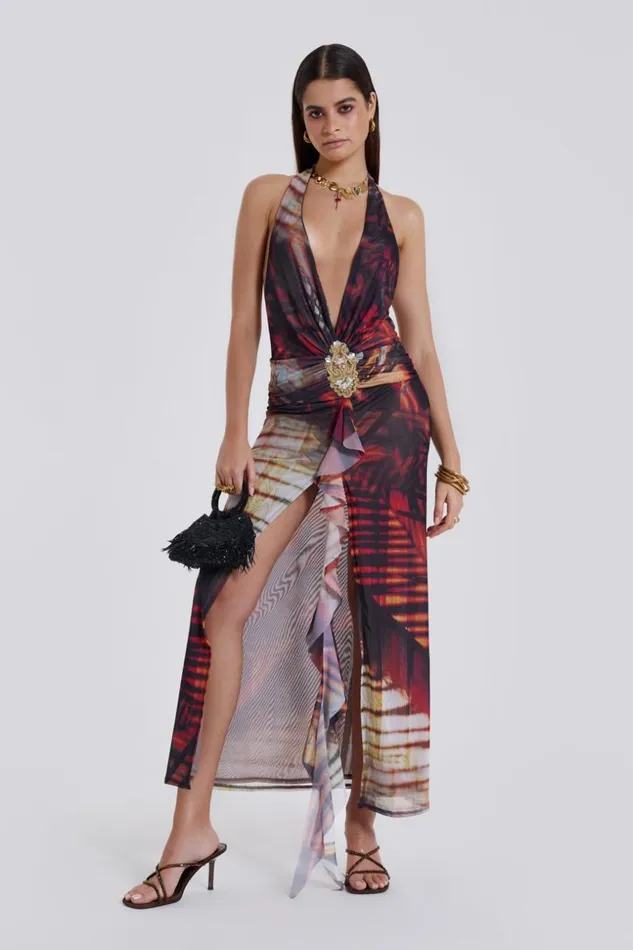 Jaded London Beach Sunset Print Plunge Halter Neck Dress Women Maxi Dresses