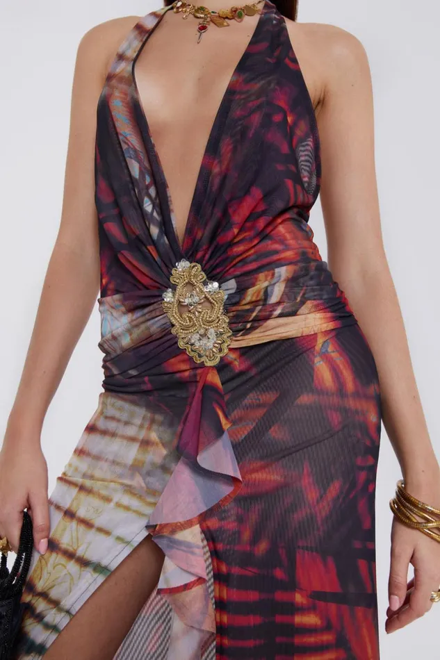 Jaded London Beach Sunset Print Plunge Halter Neck Dress Women Maxi Dresses