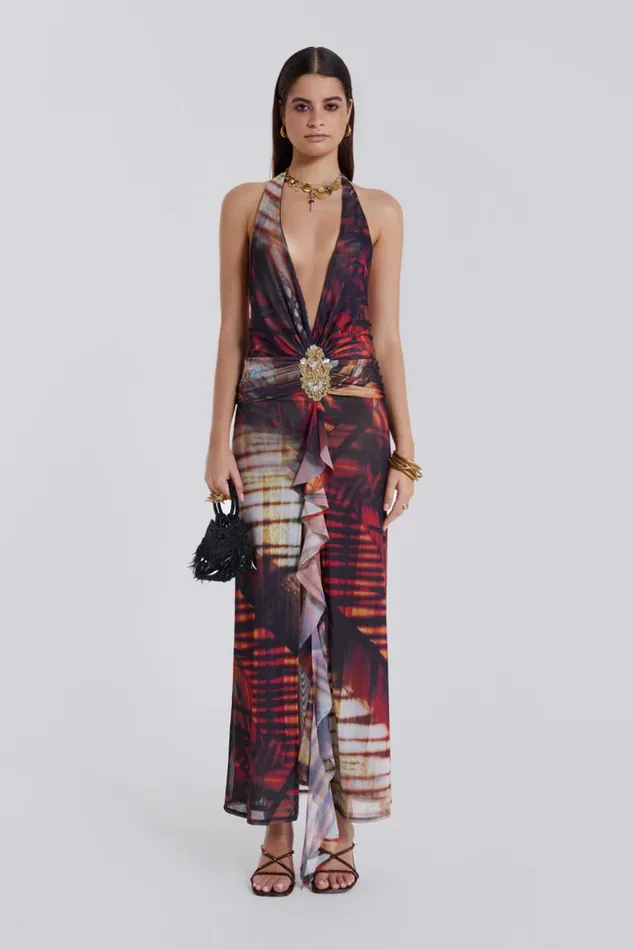 Jaded London Beach Sunset Print Plunge Halter Neck Dress Women Maxi Dresses