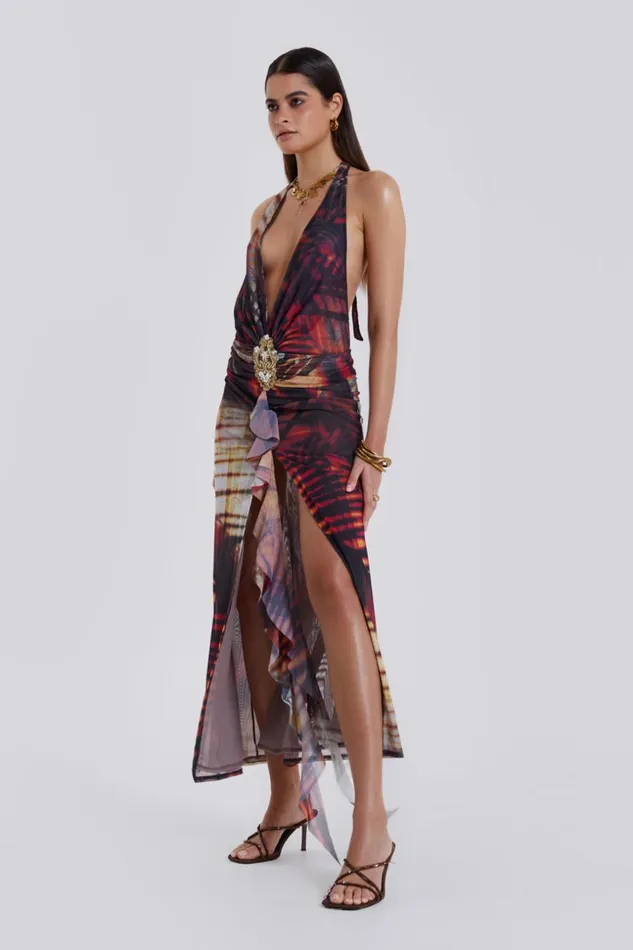 Jaded London Beach Sunset Print Plunge Halter Neck Dress Women Maxi Dresses