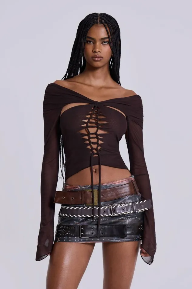 Jaded London Bianca Macrame Off Shoulder Mesh Top Women Long Sleeve Tops