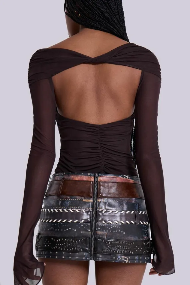 Jaded London Bianca Macrame Off Shoulder Mesh Top Women Long Sleeve Tops