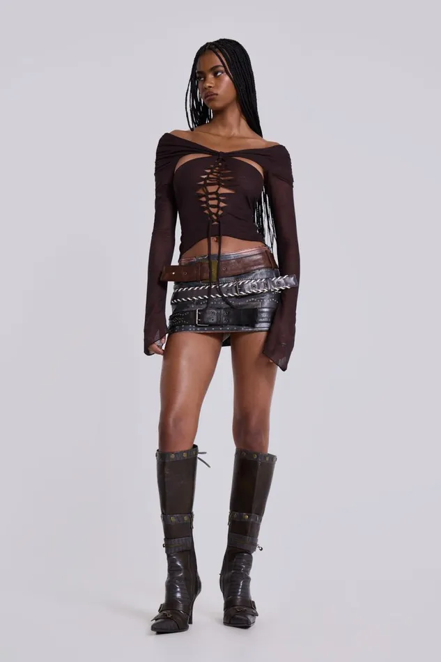 Jaded London Bianca Macrame Off Shoulder Mesh Top Women Long Sleeve Tops
