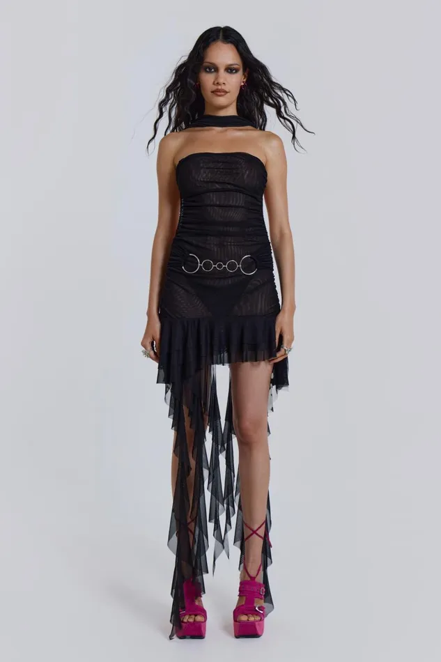 Jaded London Black Belted Backless Mesh Dress Women Mini Dresses