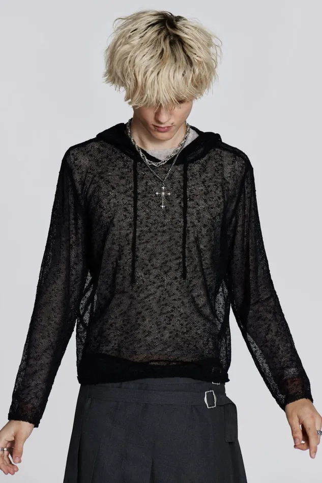 Jaded London Black Fine Knit Hoodie Men Hoodies and Sweatshirts